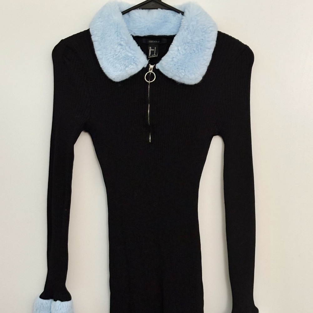 Forever 21 Black Baby Blue Knit Ribbed Zip Up Faux Fur Bodycon Mini Winter Dress